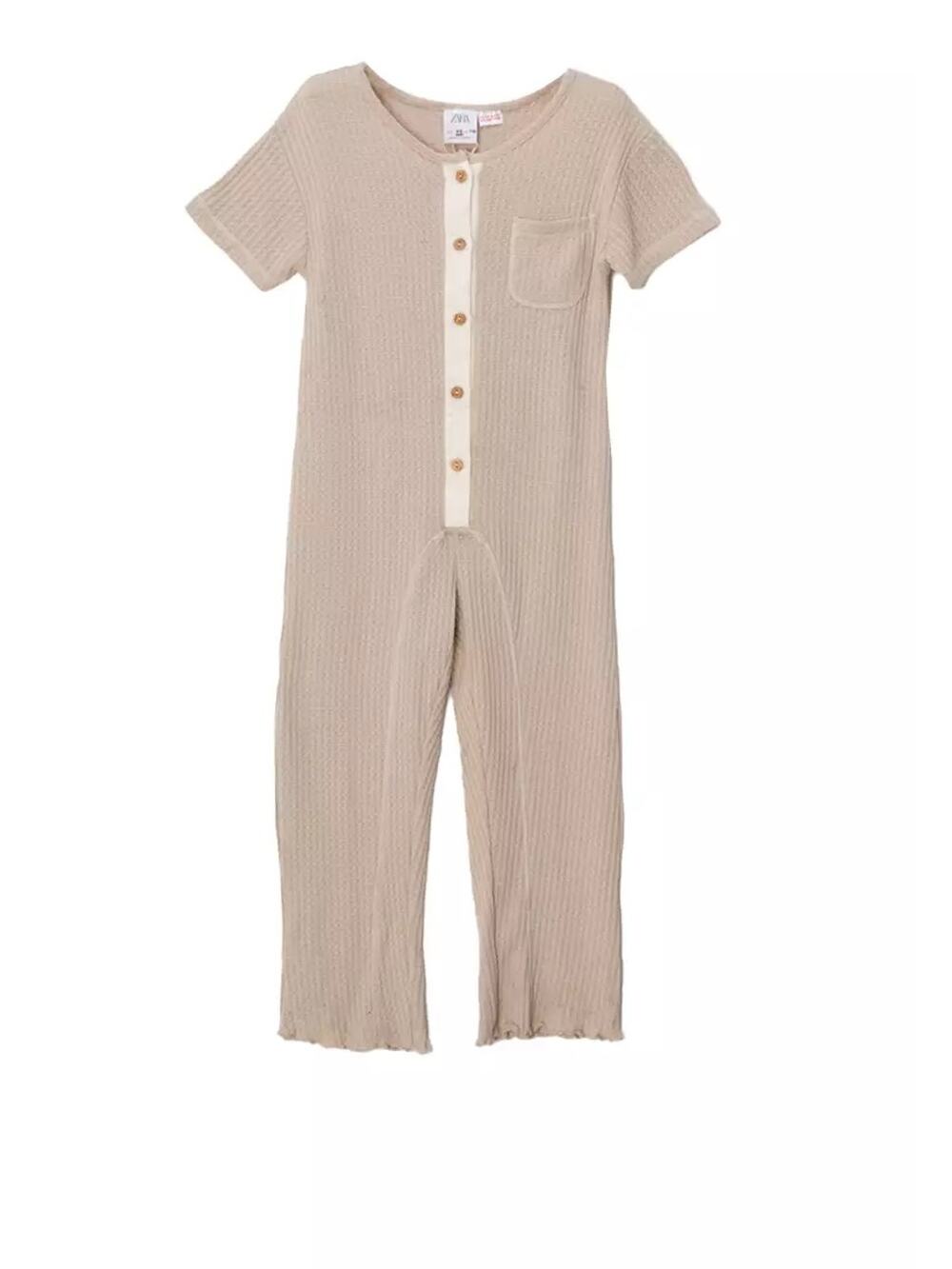 Zara Tan + White Waffle Knit Button Detail Bell Short Sleeve Romper - 2 to 3